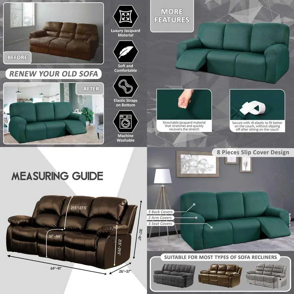 8-Piece Recliner Sofa Covers, Stretchable Yarn-Dyed Couch Slipcovers, Washable 3-Cushion Reclining Sofa Cover, Deep Teal
8-Piece Recliner Sofa Covers, Stretchable Yarn-Dyed Couch Slipcovers, Washable 3-Cushion Reclining Sofa Cover, Deep Teal