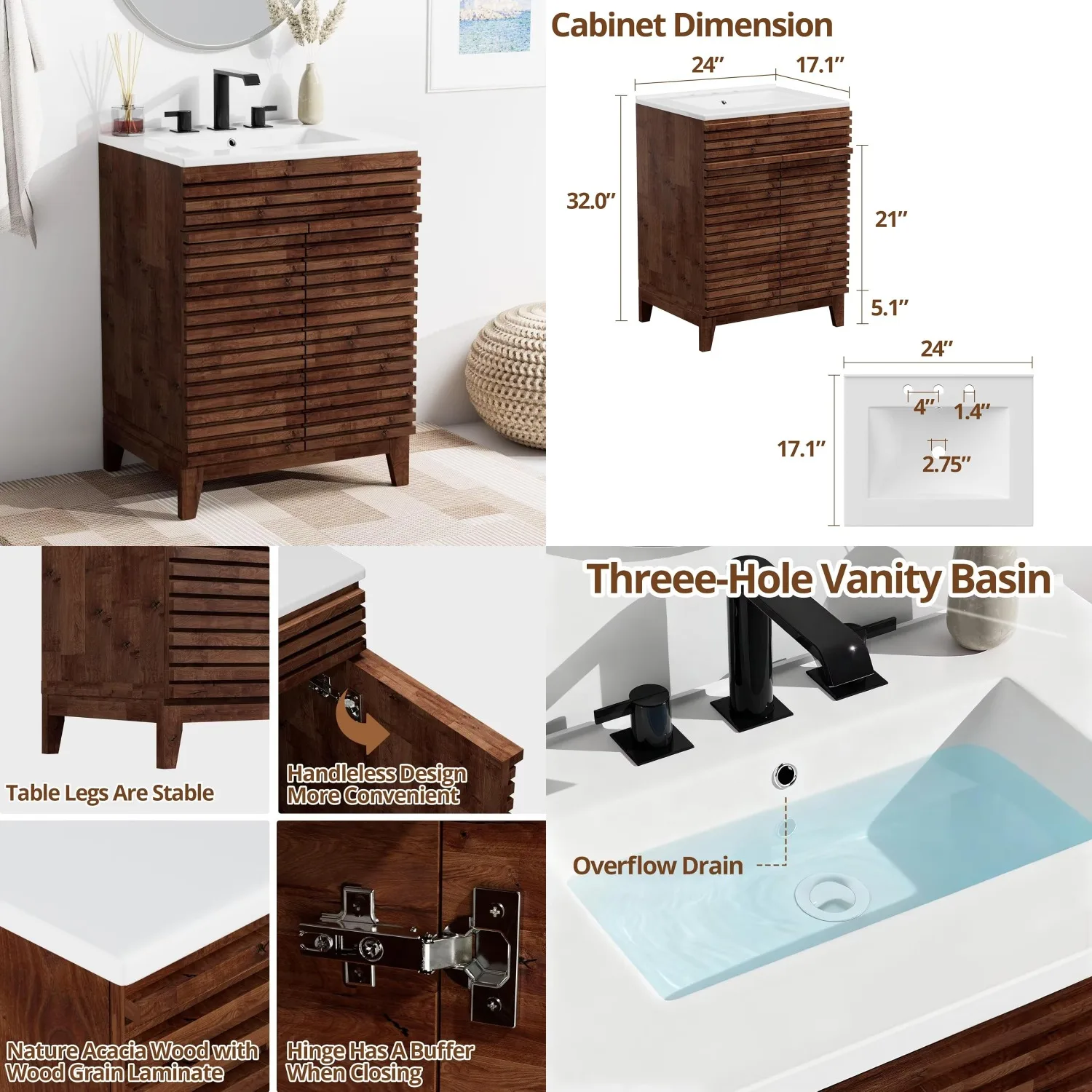 24in Acacia Bathroom Vanity Ceramic Sink Combo Freestanding Cabinet Soft Close Doors Wood Grain Customized
24in Acacia Bathroom Vanity Ceramic Sink Combo Freestanding Cabinet Soft Close Doors Wood Grain Customized