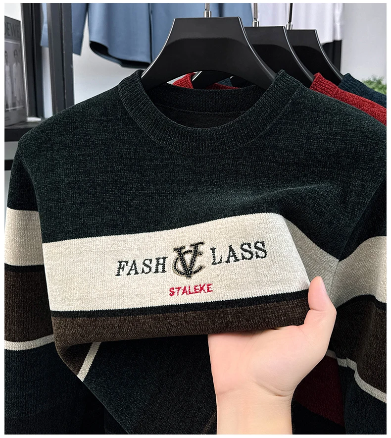 Long Sleeved Pullover Men's Autumn and Winter Clothing Round Neck Striped Base Sweater with Plush Insulation Knit Sweater
Long Sleeved Pullover Men's Autumn and Winter Clothing Round Neck Striped Base Sweater with Plush Insulation Knit Sweater