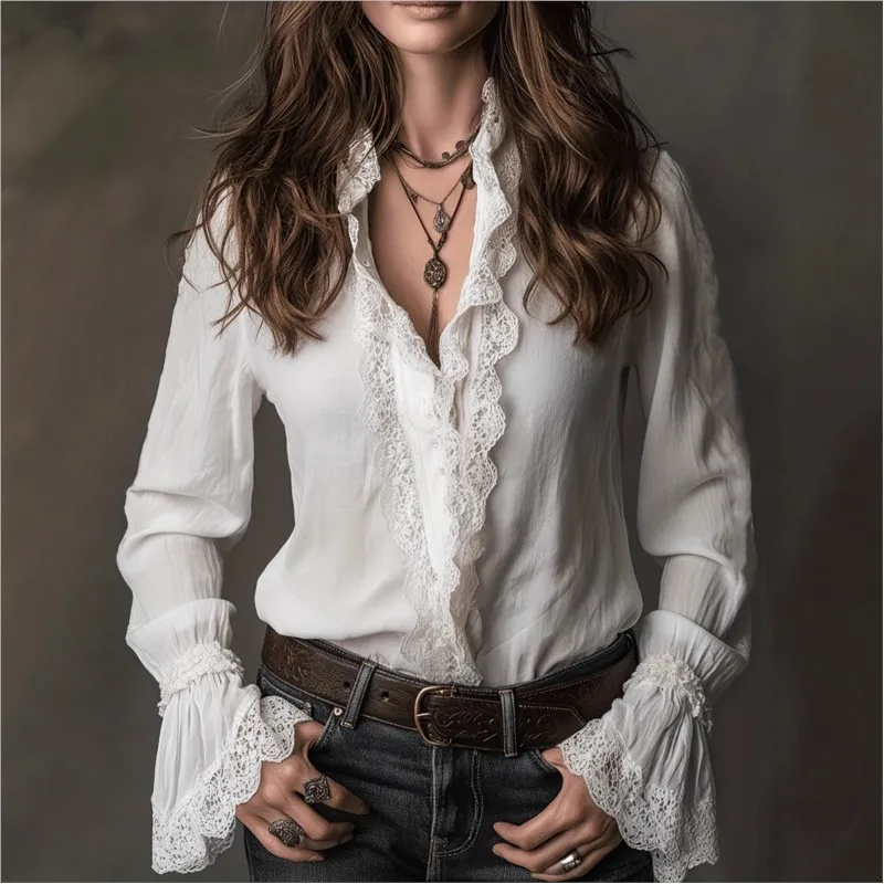Women's New Long Sleeve Lace Trim Blouse Spring Autumn White Boho V Neck Ruffled Flare Cuff Casual Shirt Top
Women's New Long Sleeve Lace Trim Blouse Spring Autumn White Boho V Neck Ruffled Flare Cuff Casual Shirt Top
