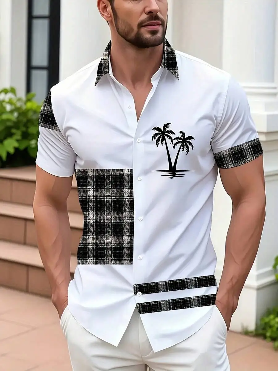 Mens Casual Short Sleeve Button Down Shirt With Palm Tree Print And Plaid Patch Design
Mens Casual Short Sleeve Button Down Shirt With Palm Tree Print And Plaid Patch Design