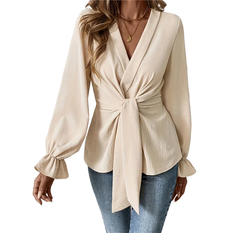 A83F-Женские блузки с V-образным вырезом и рукавами-колокольчиками, верхние блузки с запахом спереди и рюшами по подолу
A83F-Женские блузки с V-образным вырезом и рукавами-колокольчиками, верхние блузки с запахом спереди и рюшами по подолу