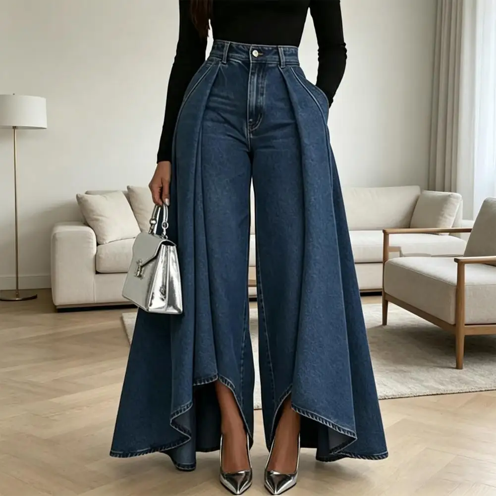 Women Pants High Waist Buttons Zipper Closure Denim Pants with Pockets Irregular Large Hem Wide Leg Solid Color Casual Trousers
Women Pants High Waist Buttons Zipper Closure Denim Pants with Pockets Irregular Large Hem Wide Leg Solid Color Casual Trousers
