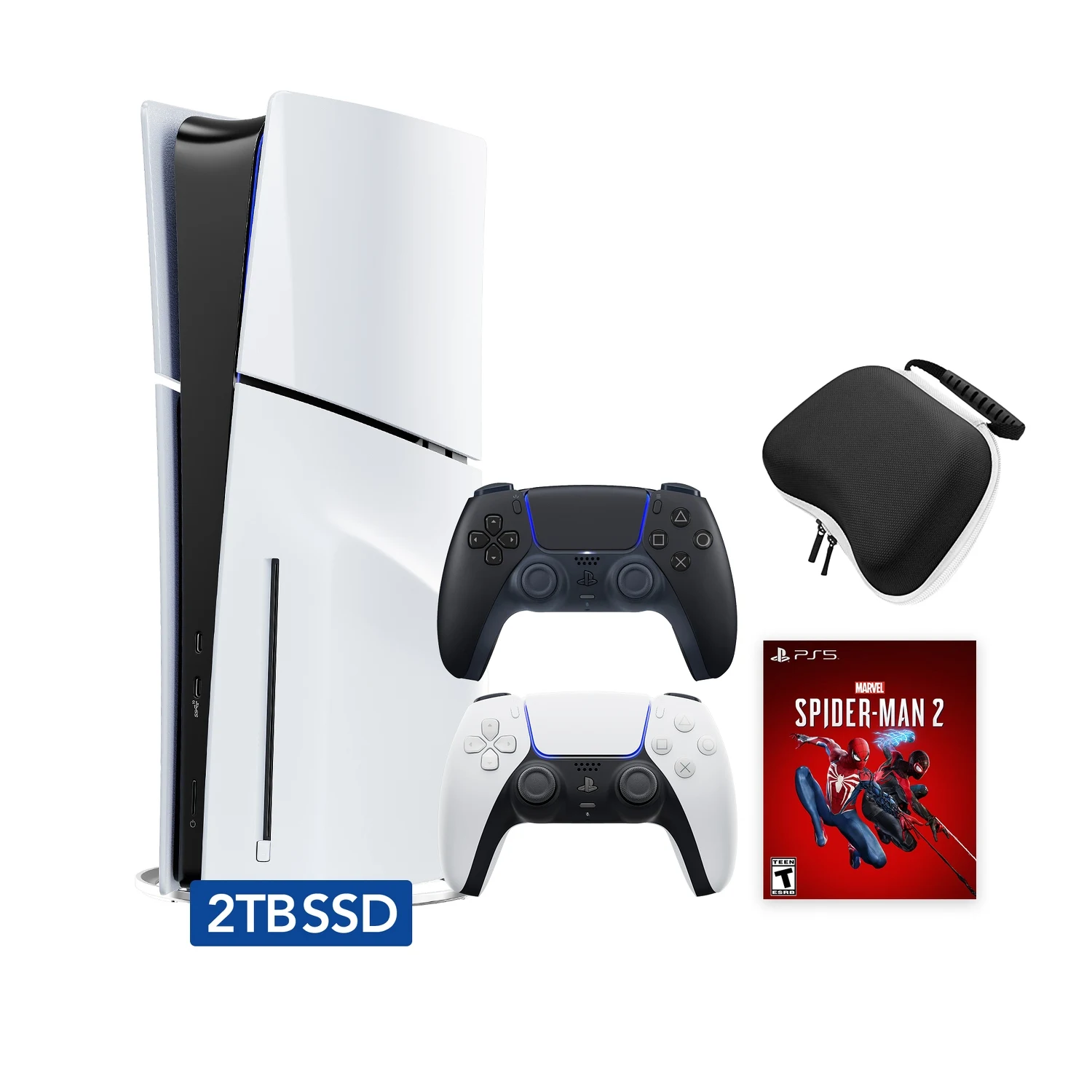 PS5 Slim Disc 2TB SSD Marvel's Spider-Man 2 Bundle, Two Controllers White and Midnight Black DualSense, Protective Case Included
PS5 Slim Disc 2TB SSD Marvel's Spider-Man 2 Bundle, Two Controllers White and Midnight Black DualSense, Protective Case Included