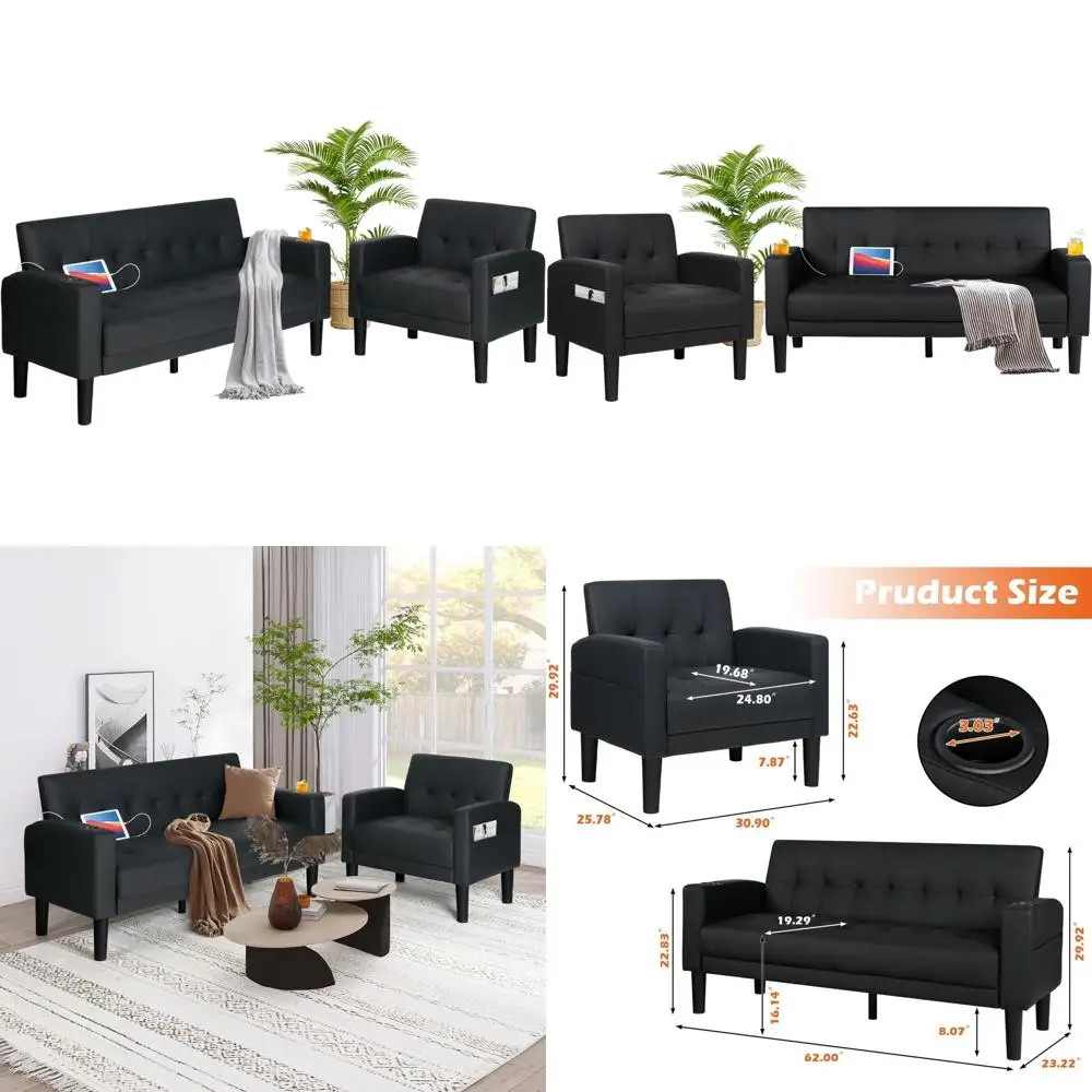 2-Piece Living Room Sectional Sofa Set with USB Ports, Cup Holders, and Storage, Suitable for Home or Office (Black, 2-Seat + 1-
2-Piece Living Room Sectional Sofa Set with USB Ports, Cup Holders, and Storage, Suitable for Home or Office (Black, 2-Seat + 1-