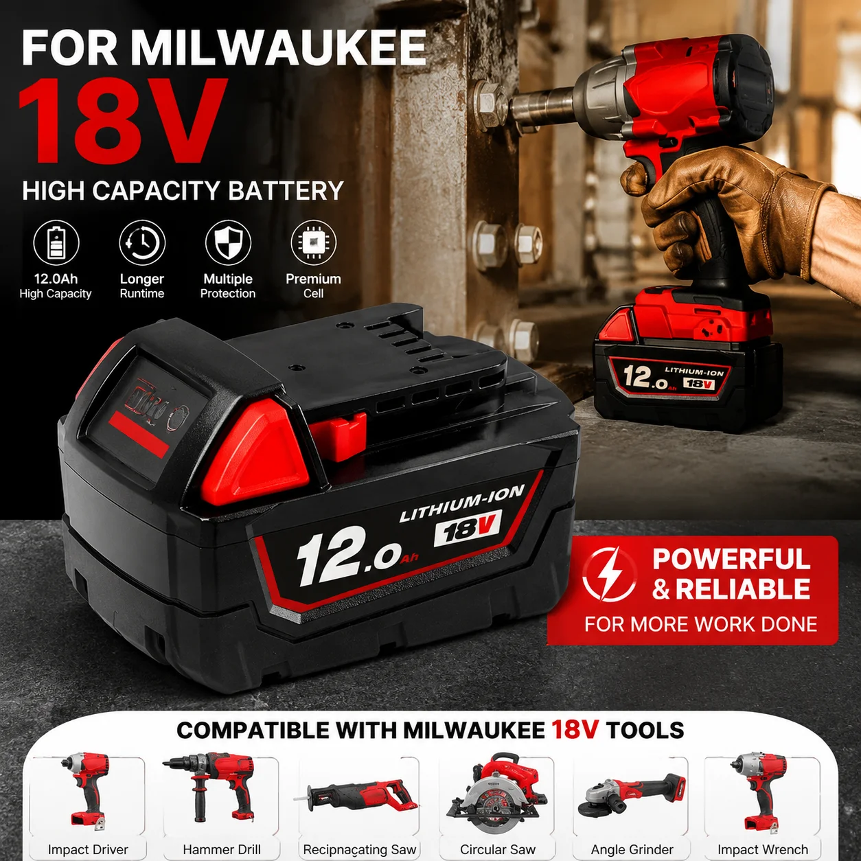 M18 Battery 12Ah 18V For Milwaukee XC Cordless Power Tools 48-11-1860 48-11-1850 48-11-1840 Li-Ion Battery
M18 Battery 12Ah 18V For Milwaukee XC Cordless Power Tools 48-11-1860 48-11-1850 48-11-1840 Li-Ion Battery