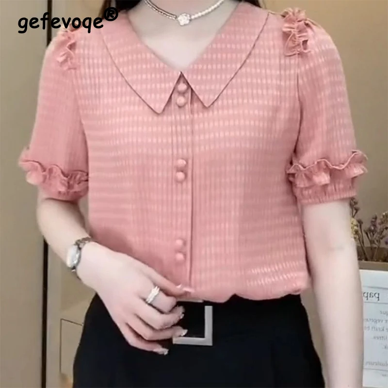 2023 Summer New Casual Fashion Solid Color Short Sleeve Blouse Female Polo-neck Button Up Ruffles Cardigan Top Women Loose Shirt
2023 Summer New Casual Fashion Solid Color Short Sleeve Blouse Female Polo-neck Button Up Ruffles Cardigan Top Women Loose Shirt