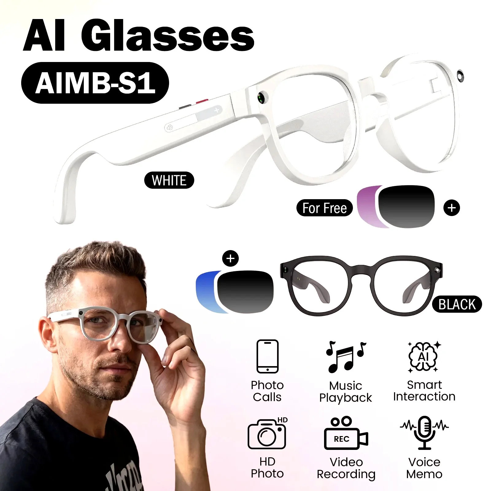 High appearance intelligent AI glasses, dual cameras, 2 million pixels, with three lenses, wireless smart glasses, hunting glasses, video glasses, AI shooting glasses, cycling glasses, sports camera, long battery life, high sound quality, touch voice assi
High appearance intelligent AI glasses, dual cameras, 2 million pixels, with three lenses, wireless smart glasses, hunting glasses, video glasses, AI shooting glasses, cycling glasses, sports camera, long battery life, high sound quality, touch voice assi