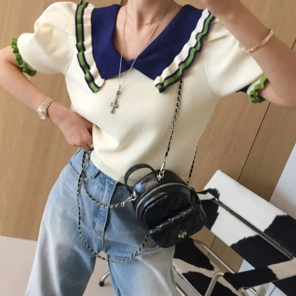 Spring Summer Short Sleeve Knitted Shirts Patchwork Pullovers School Style Knit Tops Girls Peter Pan Collar Jumpers 2025
Spring Summer Short Sleeve Knitted Shirts Patchwork Pullovers School Style Knit Tops Girls Peter Pan Collar Jumpers 2025