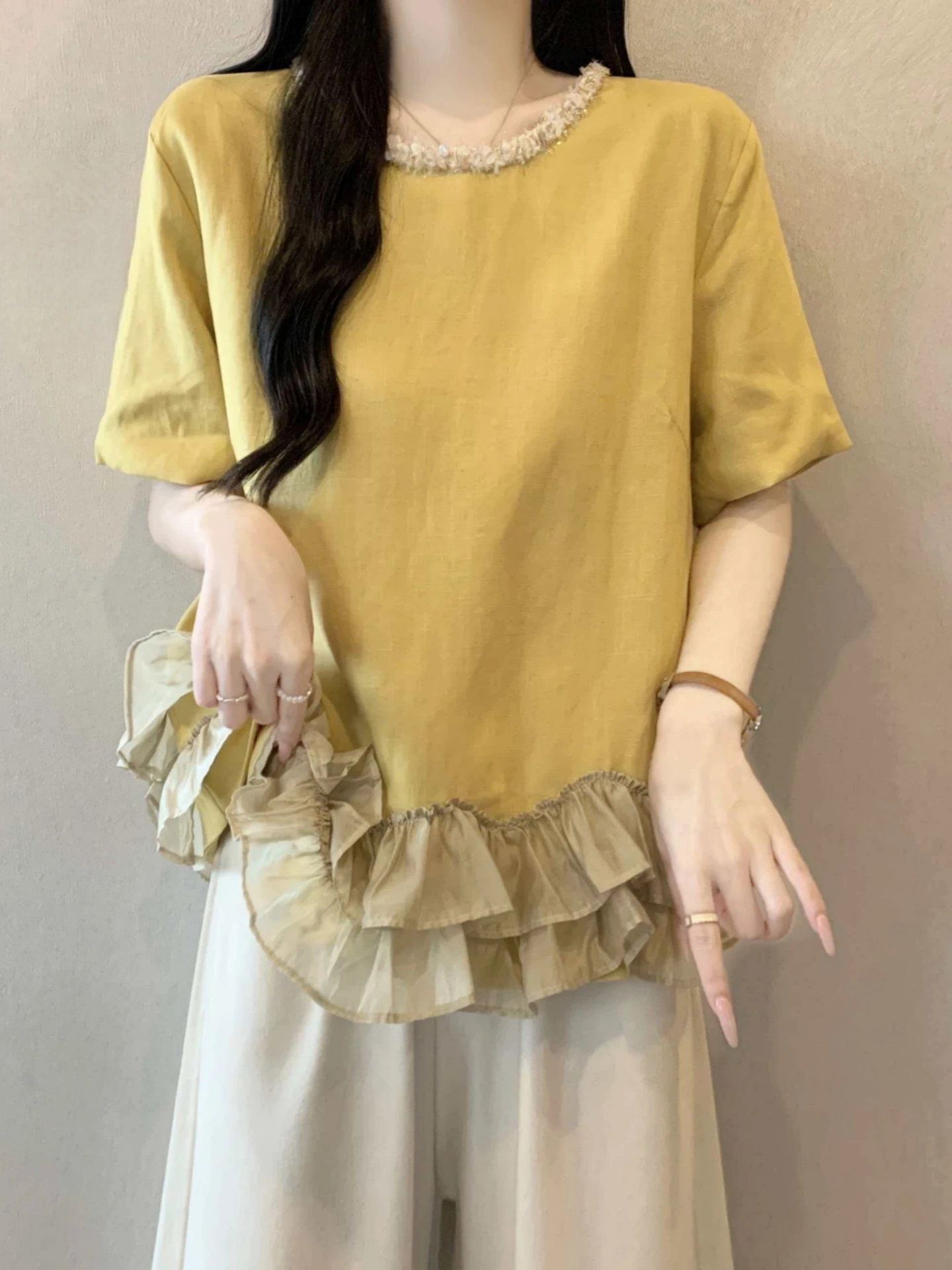 Slimming Short Sleeve T-Shirt Women's Base Shirt Summer Bright Thread Leaf Korean Style Loose Fit round Neck Top
Slimming Short Sleeve T-Shirt Women's Base Shirt Summer Bright Thread Leaf Korean Style Loose Fit round Neck Top