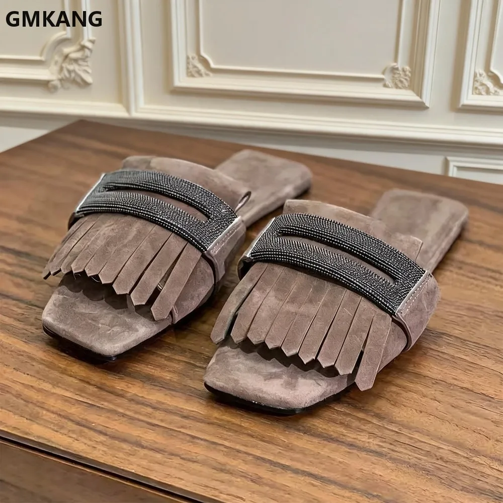 GMKANG Women Suede Leather Flat Slides Square Open Toe Beaded Fringe Mules Summer Casual Sandals Comfortable Slip On Shoes
GMKANG Women Suede Leather Flat Slides Square Open Toe Beaded Fringe Mules Summer Casual Sandals Comfortable Slip On Shoes