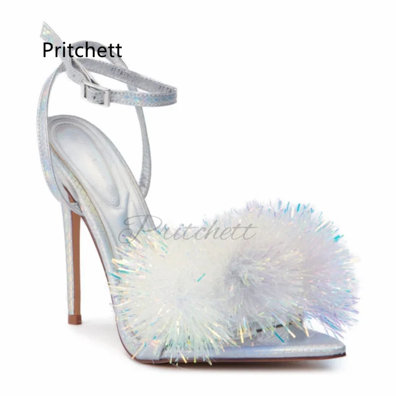 Silver Stiletto Sandals Women Open Pointed Toe Iridescent Tinsel Pom Buckle Strap High Heels Elegant Summer Shoes 2025 New
Silver Stiletto Sandals Women Open Pointed Toe Iridescent Tinsel Pom Buckle Strap High Heels Elegant Summer Shoes 2025 New