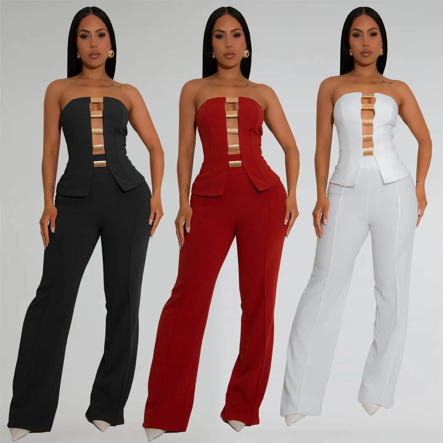 Sexy C7367 Cross-Border Fashion Women's Clothing Gold Buckle Arm Wrap Long Pants Two-Piece Set Elegant Style Mid-Low Waist PVC
Sexy C7367 Cross-Border Fashion Women's Clothing Gold Buckle Arm Wrap Long Pants Two-Piece Set Elegant Style Mid-Low Waist PVC