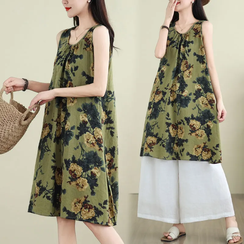 Retro Print Cotton Linen Sleeveless Dress Women Summer plus Size Loose Slimming Vest Strap Short Skirt Elegant Style
Retro Print Cotton Linen Sleeveless Dress Women Summer plus Size Loose Slimming Vest Strap Short Skirt Elegant Style