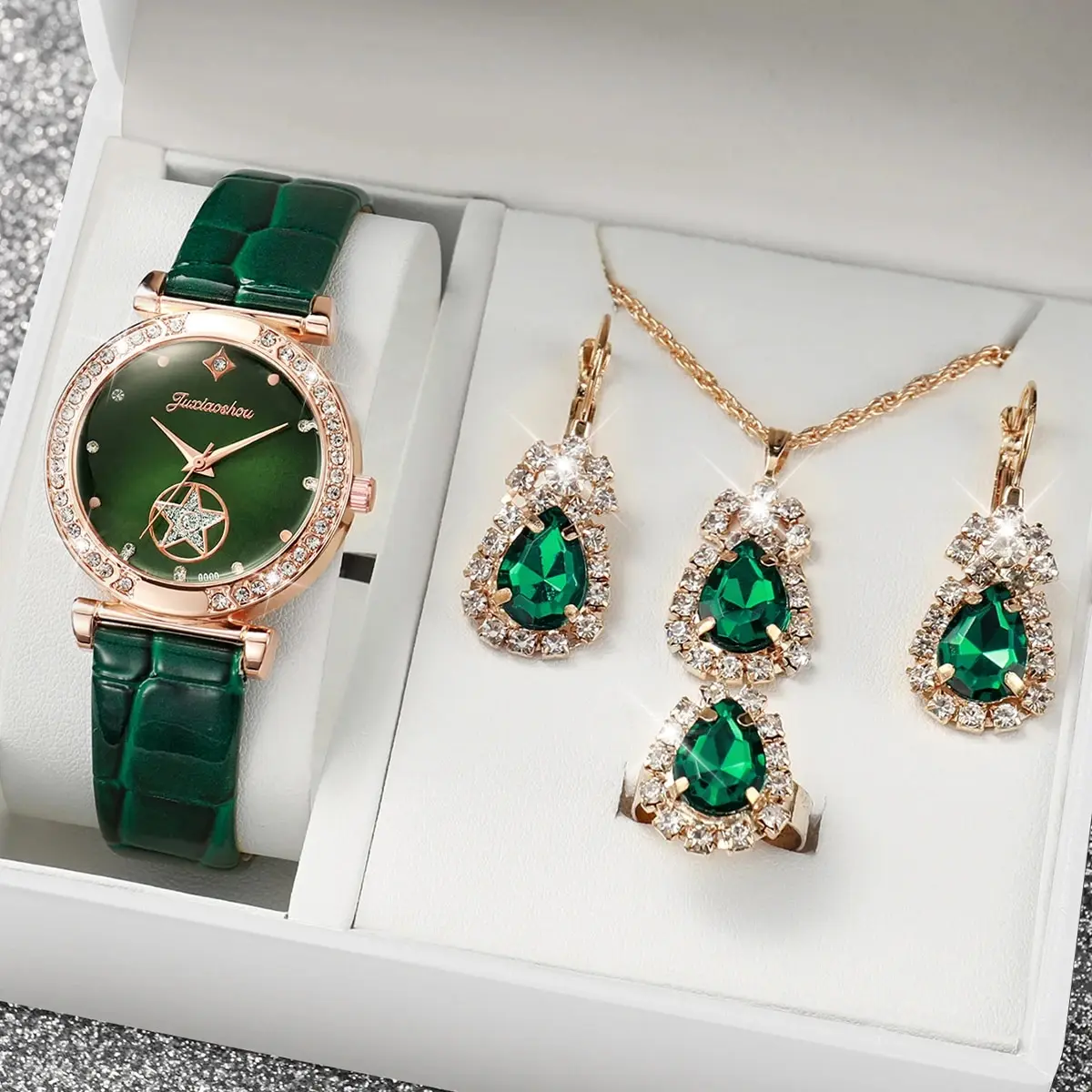 Rose Gold Ladies Green Leather Watch Set Water Drop Emerald Crystal Jewelry Necklace Earrings Ring Party Ornament Kit
Rose Gold Ladies Green Leather Watch Set Water Drop Emerald Crystal Jewelry Necklace Earrings Ring Party Ornament Kit