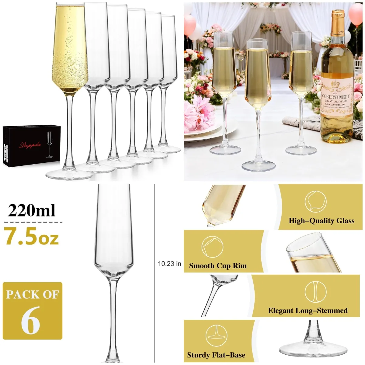 Champagne Flutes 7.5oz, Set of 6 - Elegant Wedding & Anniversary Gift for Home Bar, Parties
Champagne Flutes 7.5oz, Set of 6 - Elegant Wedding & Anniversary Gift for Home Bar, Parties