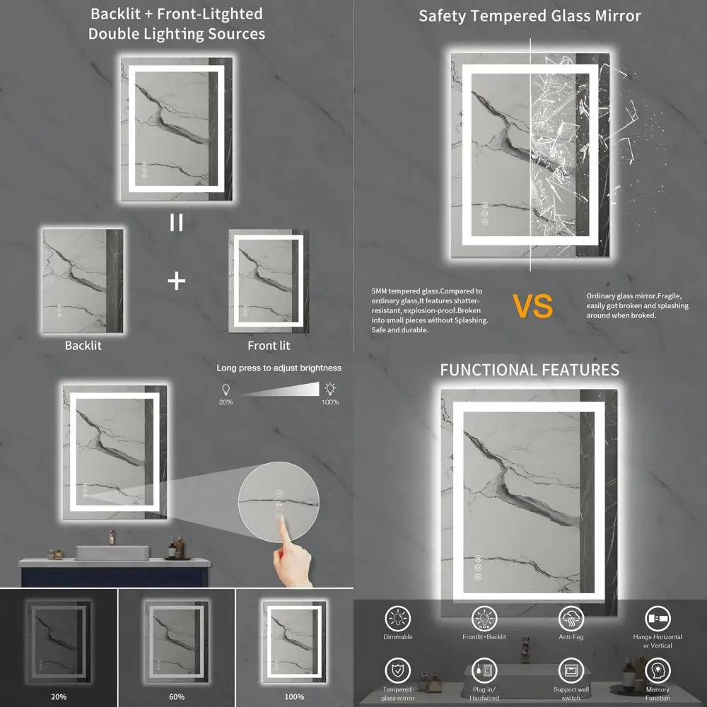 Зеркало для ванной с LED-подсветкой, регулируемой яркостью, 28x36 дюймов, с функцией антизапотевания, из закаленного стекла и с функцией памяти
Зеркало для ванной с LED-подсветкой, регулируемой яркостью, 28x36 дюймов, с функцией антизапотевания, из закаленного стекла и с функцией памяти