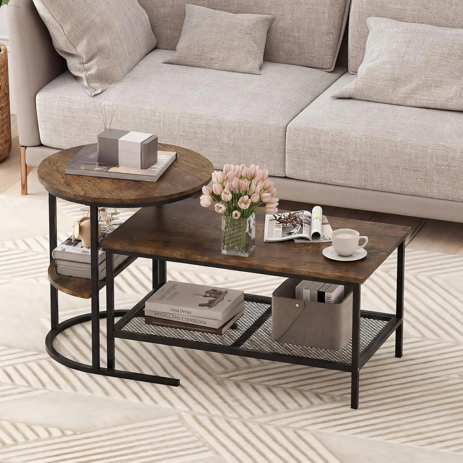 Nesting Coffee Table Set 2pcs Detachable Wood Grain Top Golden Metal Frame Stacking Side Table Living Room Brown, Customized
Nesting Coffee Table Set 2pcs Detachable Wood Grain Top Golden Metal Frame Stacking Side Table Living Room Brown, Customized