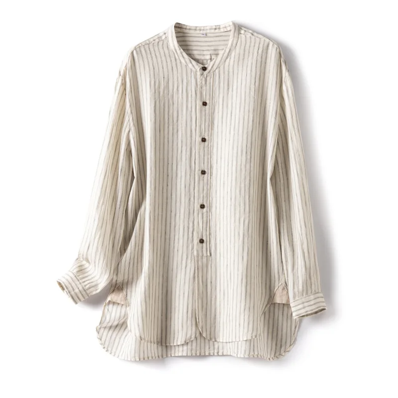 Dave&di Simple And Relaxed Washed Linen Vertical Stripes Stand Round Neck Half Placket Temperament Artistic Shirt Top
Dave&di Simple And Relaxed Washed Linen Vertical Stripes Stand Round Neck Half Placket Temperament Artistic Shirt Top