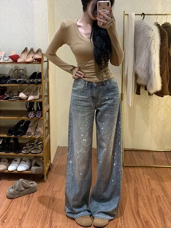 Shiny Star River Rhinestone Denim Pants Women's High Waist Slim Wide Leg Stackable Spring 2026 Vintage Style Fleece Medium Wa...
Shiny Star River Rhinestone Denim Pants Women's High Waist Slim Wide Leg Stackable Spring 2026 Vintage Style Fleece Medium Wa...