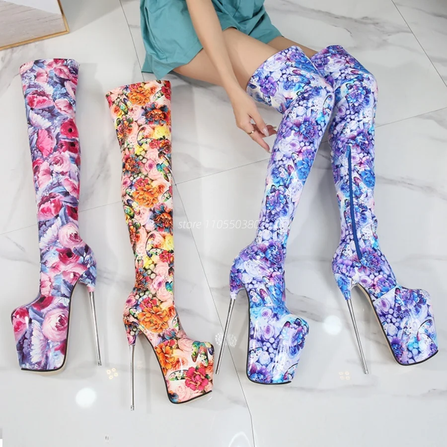 Women Floral Print Patent Leather Extreme High Heel Thigh High Boots Metal Stiletto Heel Clubwear Pole Dance Over The Knee Boots
Women Floral Print Patent Leather Extreme High Heel Thigh High Boots Metal Stiletto Heel Clubwear Pole Dance Over The Knee Boots