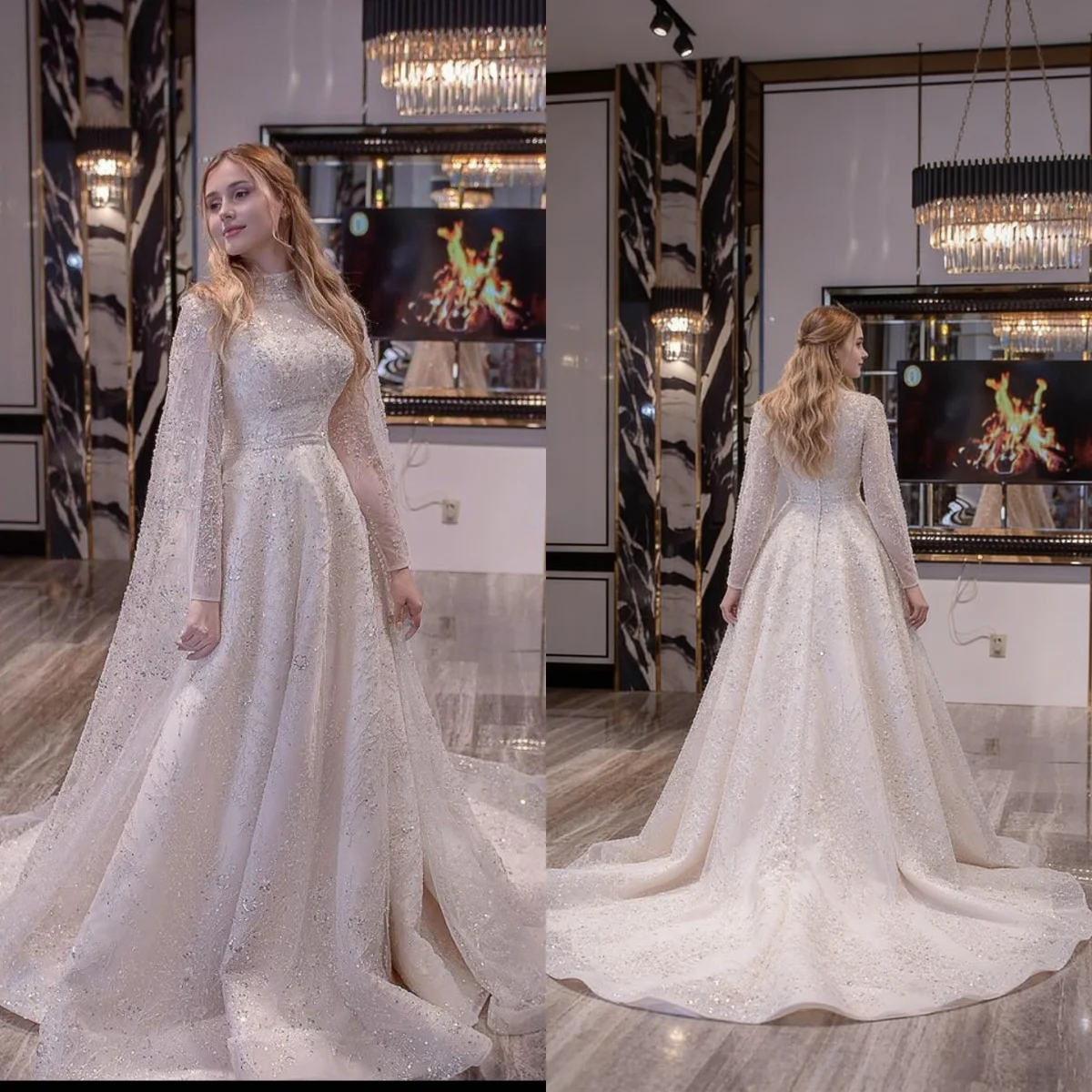 Custom white elegant princess dress wedding dress satin high neck long sleeved pearl sequin long tail Vestido De Novia
Custom white elegant princess dress wedding dress satin high neck long sleeved pearl sequin long tail Vestido De Novia