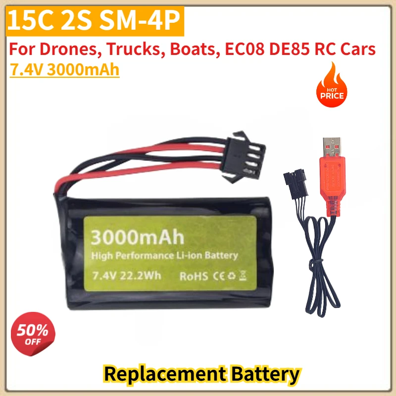 High Quality 15C 2S SM-4P Plug Li-ion Battery 7.4V 3000mAh with USB Charging Cable for Drones, Trucks, Boats, EC08 DE85 RC Cars
High Quality 15C 2S SM-4P Plug Li-ion Battery 7.4V 3000mAh with USB Charging Cable for Drones, Trucks, Boats, EC08 DE85 RC Cars