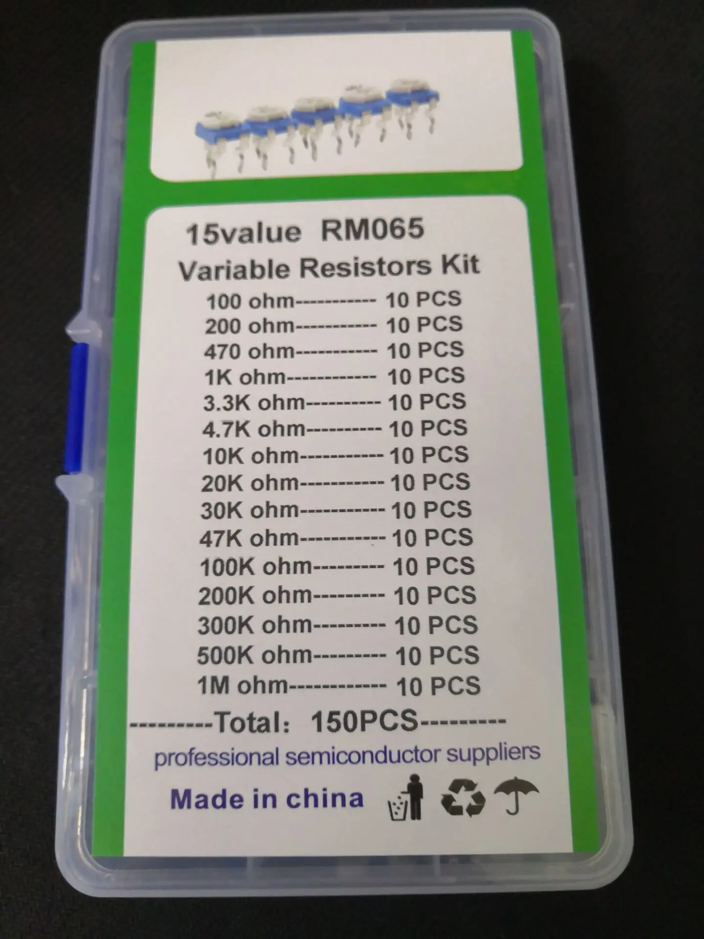 15Value RM-065 100R~1M Potentiometer 101 102 103 104 201 501 202 502 203 303 503 204 504 105 1/10k R Adjustable Resistor Kit Box
15Value RM-065 100R~1M Potentiometer 101 102 103 104 201 501 202 502 203 303 503 204 504 105 1/10k R Adjustable Resistor Kit Box