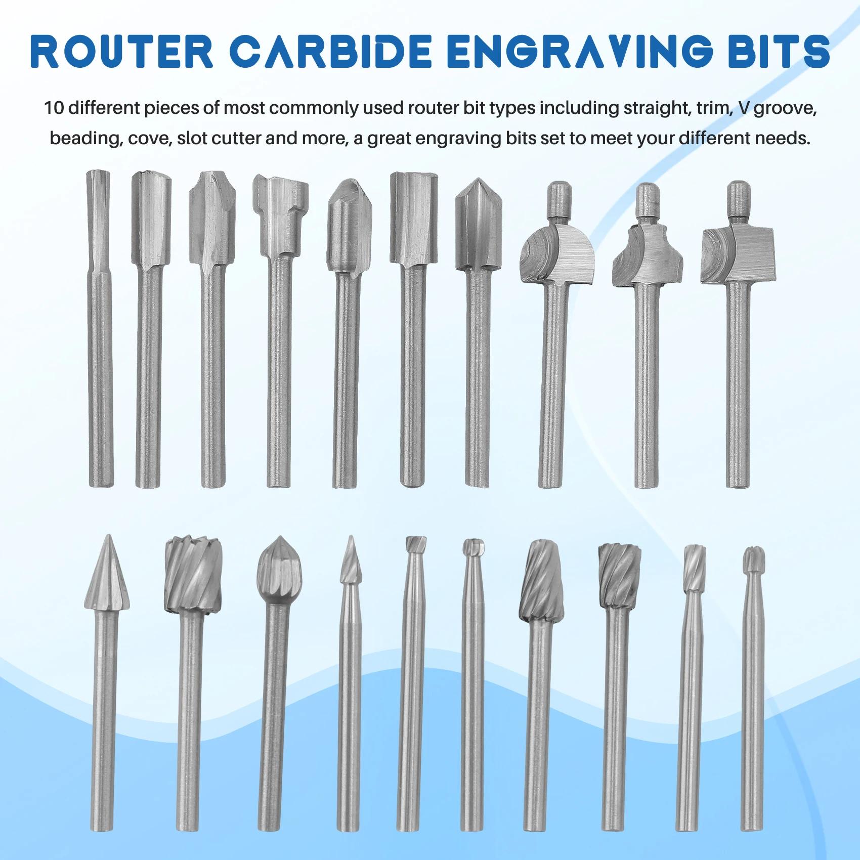 ABHI-20Pc HSS Router Carbide Engraving Bits For Dremel Router Bit Set 1/8 Inch(3Mm) Shank For Dremel Proxxon Rotary Tools
ABHI-20Pc HSS Router Carbide Engraving Bits For Dremel Router Bit Set 1/8 Inch(3Mm) Shank For Dremel Proxxon Rotary Tools