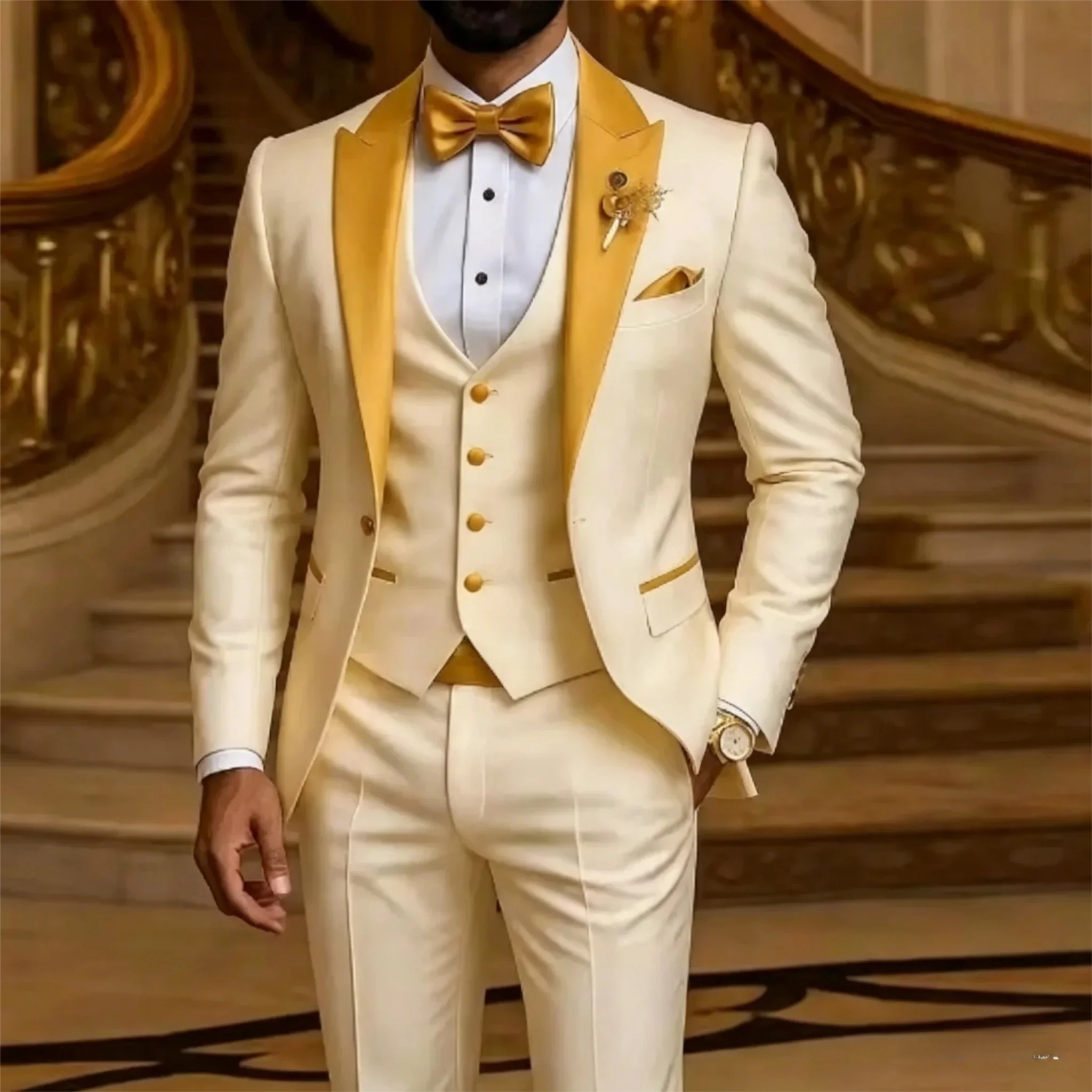 Gold Collar Ivory Men Wedding Suit Wedding Party Formal Groom Groomsman Prom Business Male Tuxedos 3 Piece Set Jacket +Vest+ Pan
Gold Collar Ivory Men Wedding Suit Wedding Party Formal Groom Groomsman Prom Business Male Tuxedos 3 Piece Set Jacket +Vest+ Pan