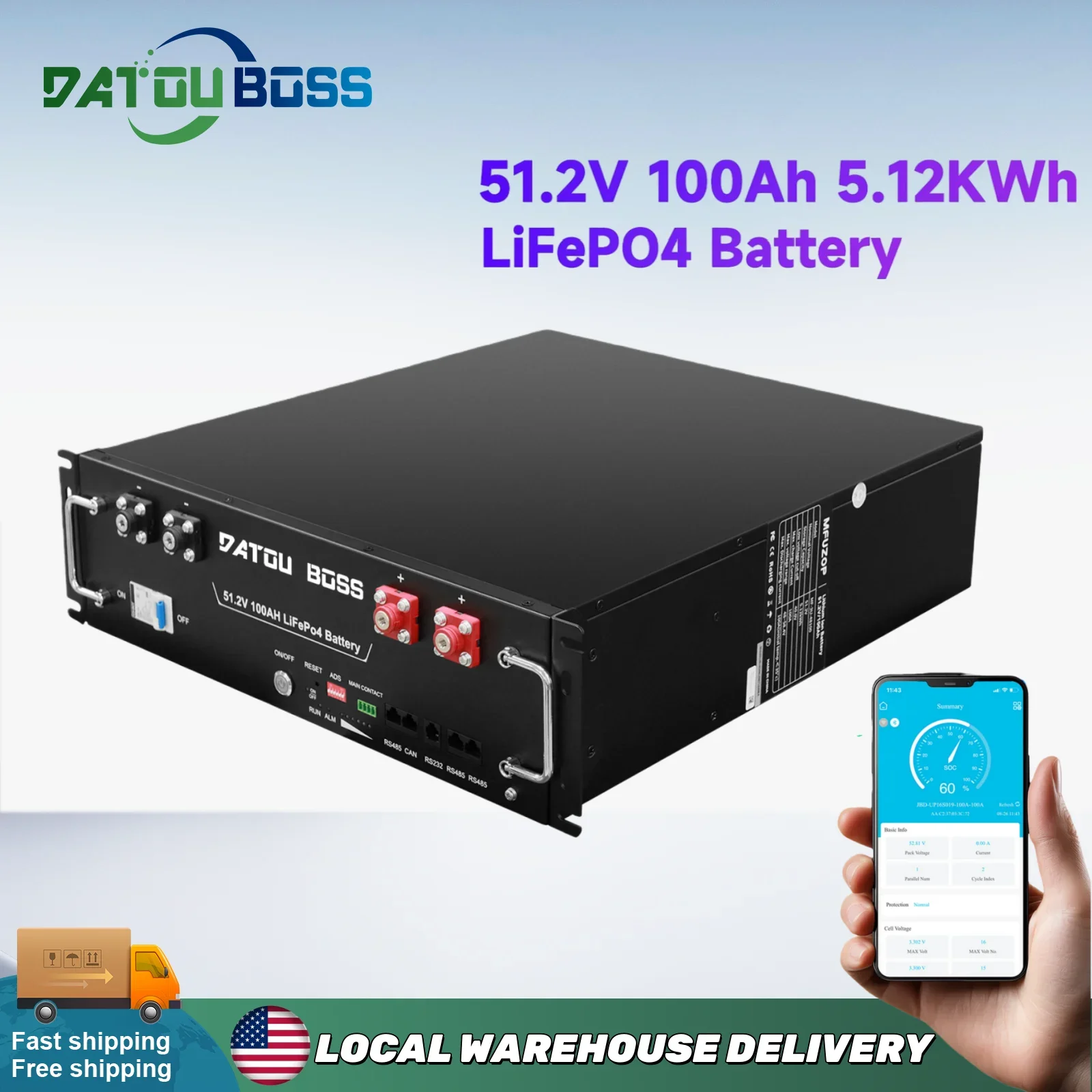 Аккумулятор DATOUBOSS 51.2В 100Ач 5.12кВтч LiFePO4 с элементами класса А, встроенной BMS 100А, сроком службы 6000+ циклов, с приложением и Bluetooth
Аккумулятор DATOUBOSS 51.2В 100Ач 5.12кВтч LiFePO4 с элементами класса А, встроенной BMS 100А, сроком службы 6000+ циклов, с приложением и Bluetooth