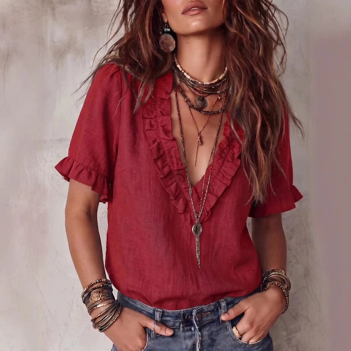 Women's Blouse Cotton V Neck Short Sleeve Blouses Ruffle Trim Bib Style Linen Look Top Deep V Neck Layered Ruffle Pull On Shirt
Women's Blouse Cotton V Neck Short Sleeve Blouses Ruffle Trim Bib Style Linen Look Top Deep V Neck Layered Ruffle Pull On Shirt