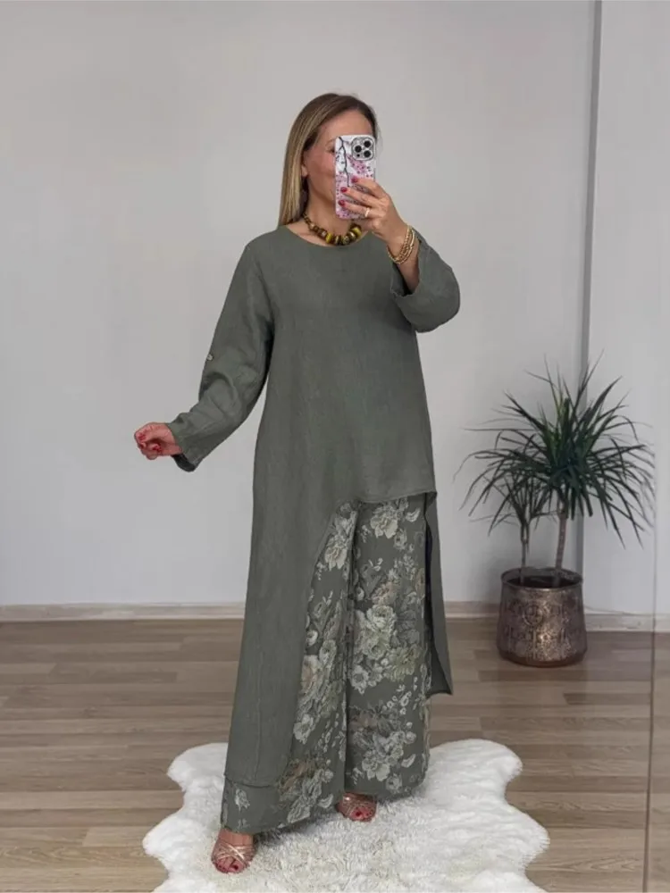 Fashion O-neck Long Sleeve Irregular Long Top + Wide-leg Pants 2-piece Set For Women Elegant Flower Printing Casual Suit Female
Fashion O-neck Long Sleeve Irregular Long Top + Wide-leg Pants 2-piece Set For Women Elegant Flower Printing Casual Suit Female