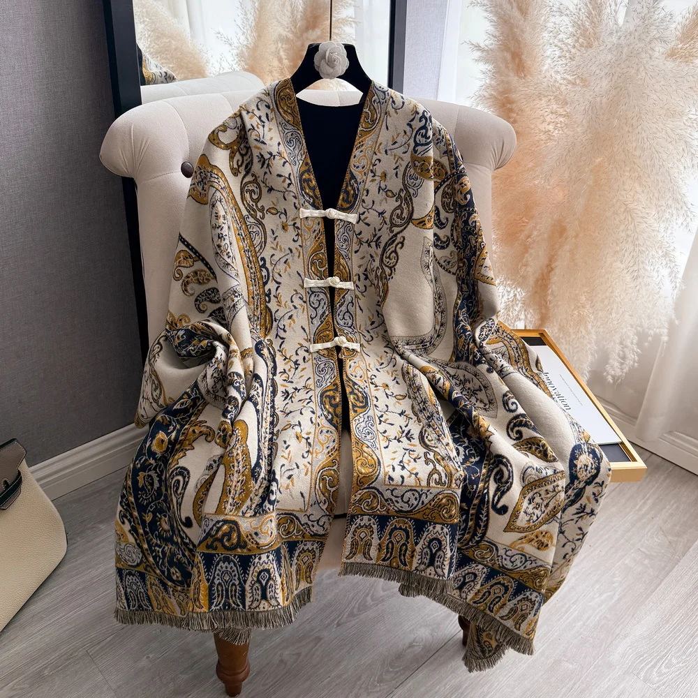 Paisley Print Travel Blanket Poncho Cape With Chinese Buttons Soft Cashmere Feel Tassel Shawl Women Winter Warm Outer Wrap
Paisley Print Travel Blanket Poncho Cape With Chinese Buttons Soft Cashmere Feel Tassel Shawl Women Winter Warm Outer Wrap