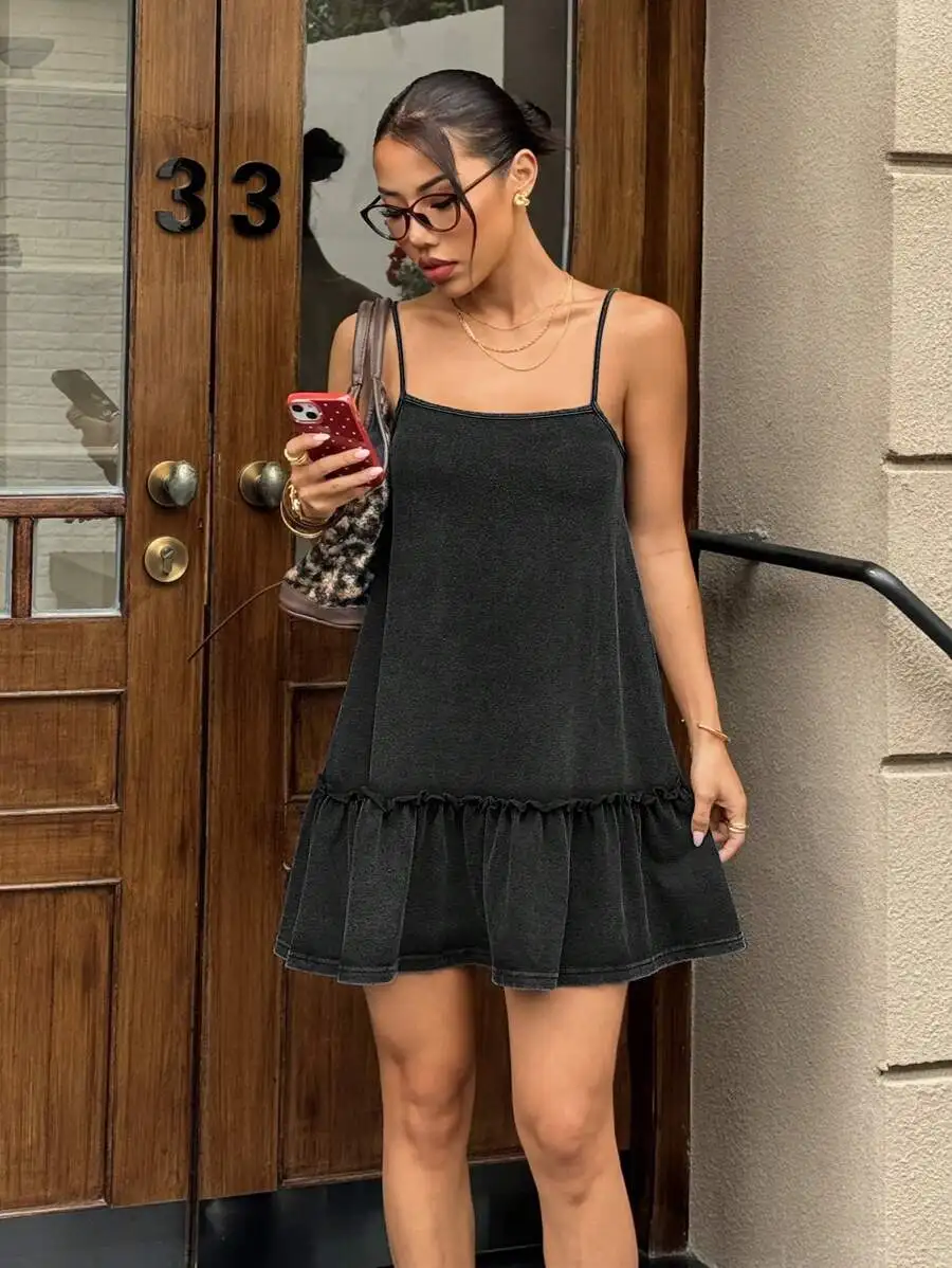 Womens Summer Distressed Loose Mini Spaghetti Strap Dress With Ruffle Hem
Womens Summer Distressed Loose Mini Spaghetti Strap Dress With Ruffle Hem
