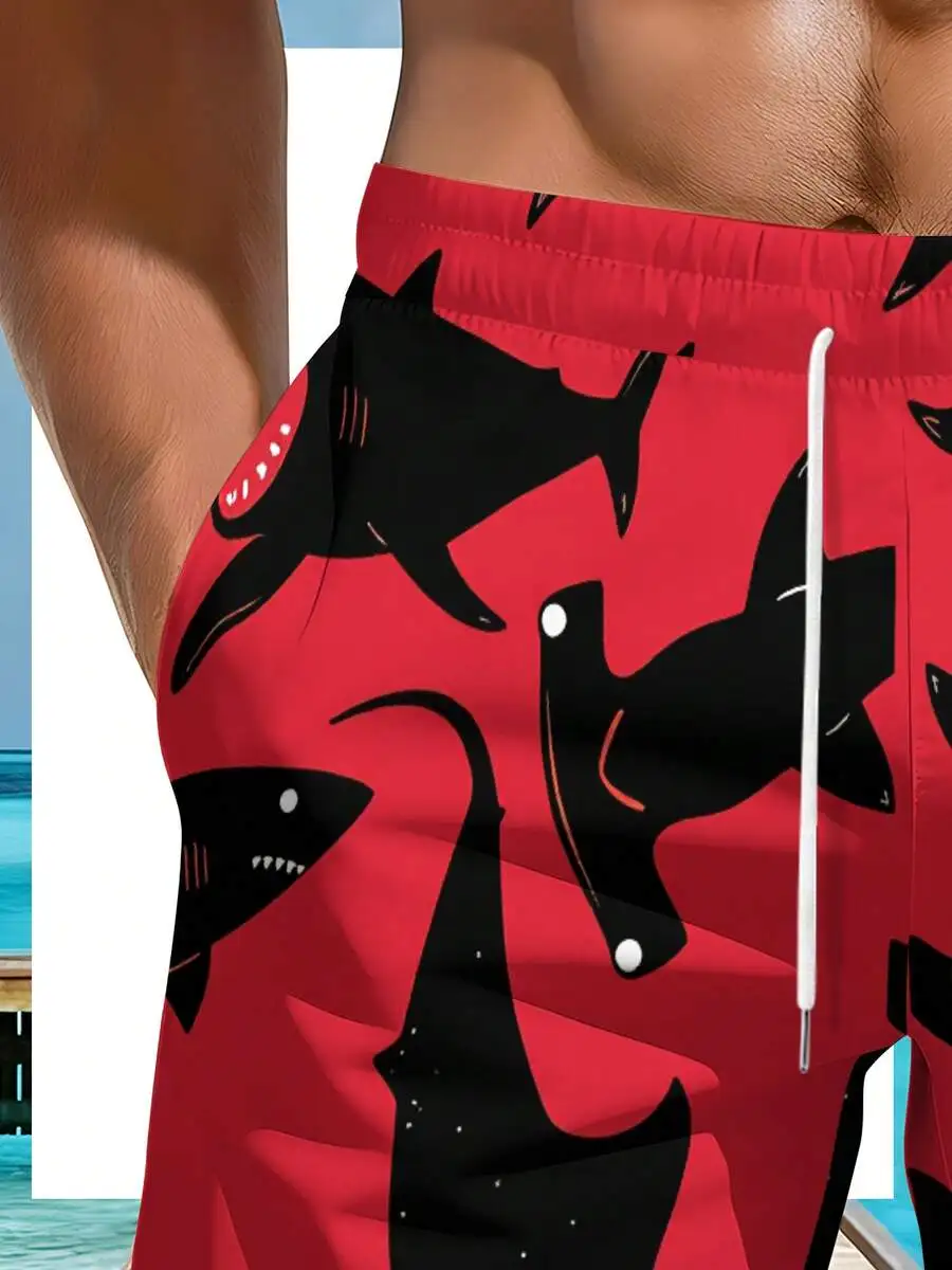 Mens Casual Cartoon Shark Print Beach Shorts Red Quick Dry For Summer Pool And Vacation
Mens Casual Cartoon Shark Print Beach Shorts Red Quick Dry For Summer Pool And Vacation