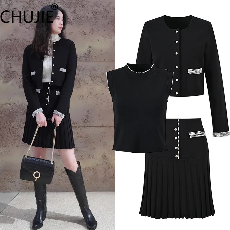 CHUJIE Women's Dress Set Beaded Round Neck Single Breasted Knitted Cardigan+Tank Top+Skirt 3-Piece Set 2025 Spring/Summer New
CHUJIE Women's Dress Set Beaded Round Neck Single Breasted Knitted Cardigan+Tank Top+Skirt 3-Piece Set 2025 Spring/Summer New