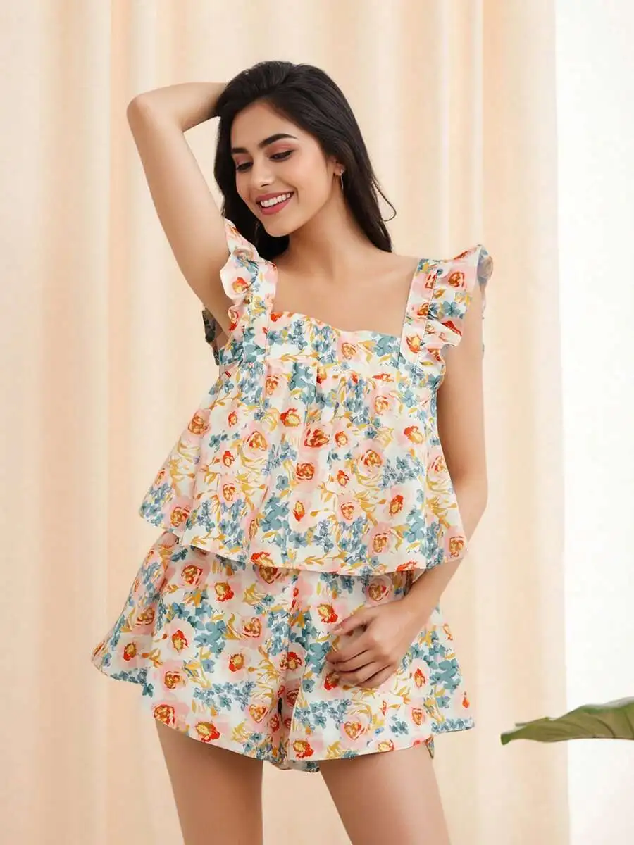 Womens Summer Floral Print Ruffled Sleeveless Top And Shorts Pajama Set Loose Fit Lounge Wear
Womens Summer Floral Print Ruffled Sleeveless Top And Shorts Pajama Set Loose Fit Lounge Wear