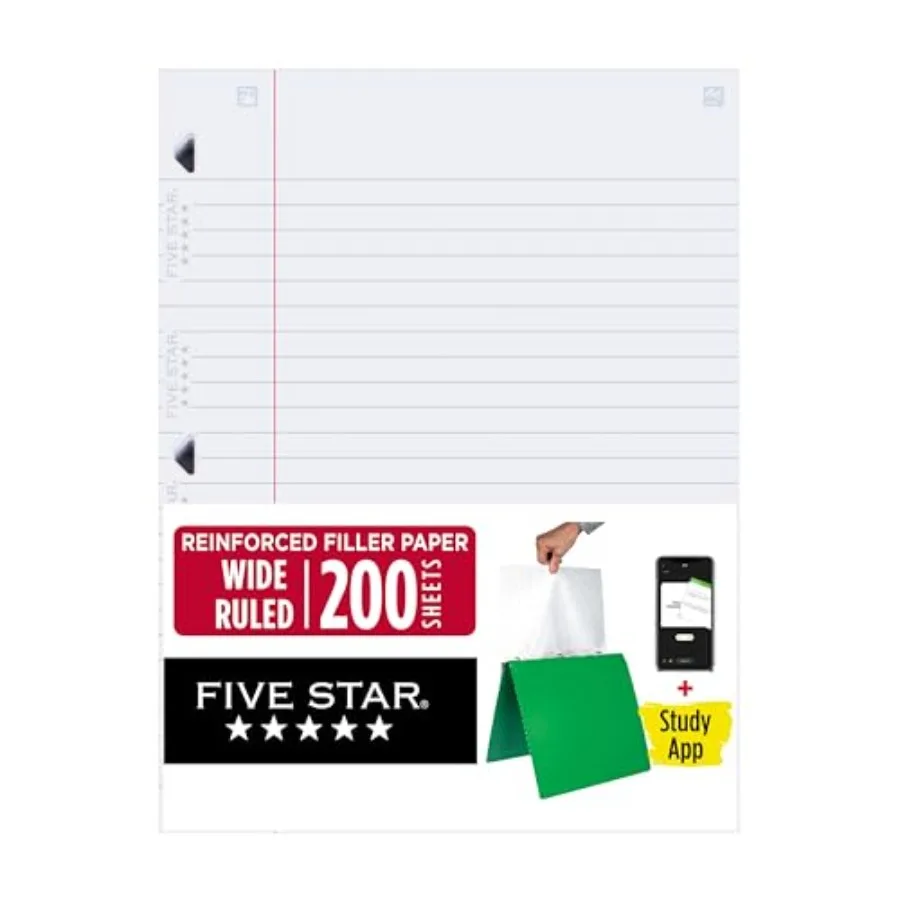Loose Leaf Paper + Study App, Wide Ruled Filler Notebook Paper, Reinforced, Fights Ink Bleed, 8" x 10-1/2", 150039
Loose Leaf Paper + Study App, Wide Ruled Filler Notebook Paper, Reinforced, Fights Ink Bleed, 8" x 10-1/2", 150039