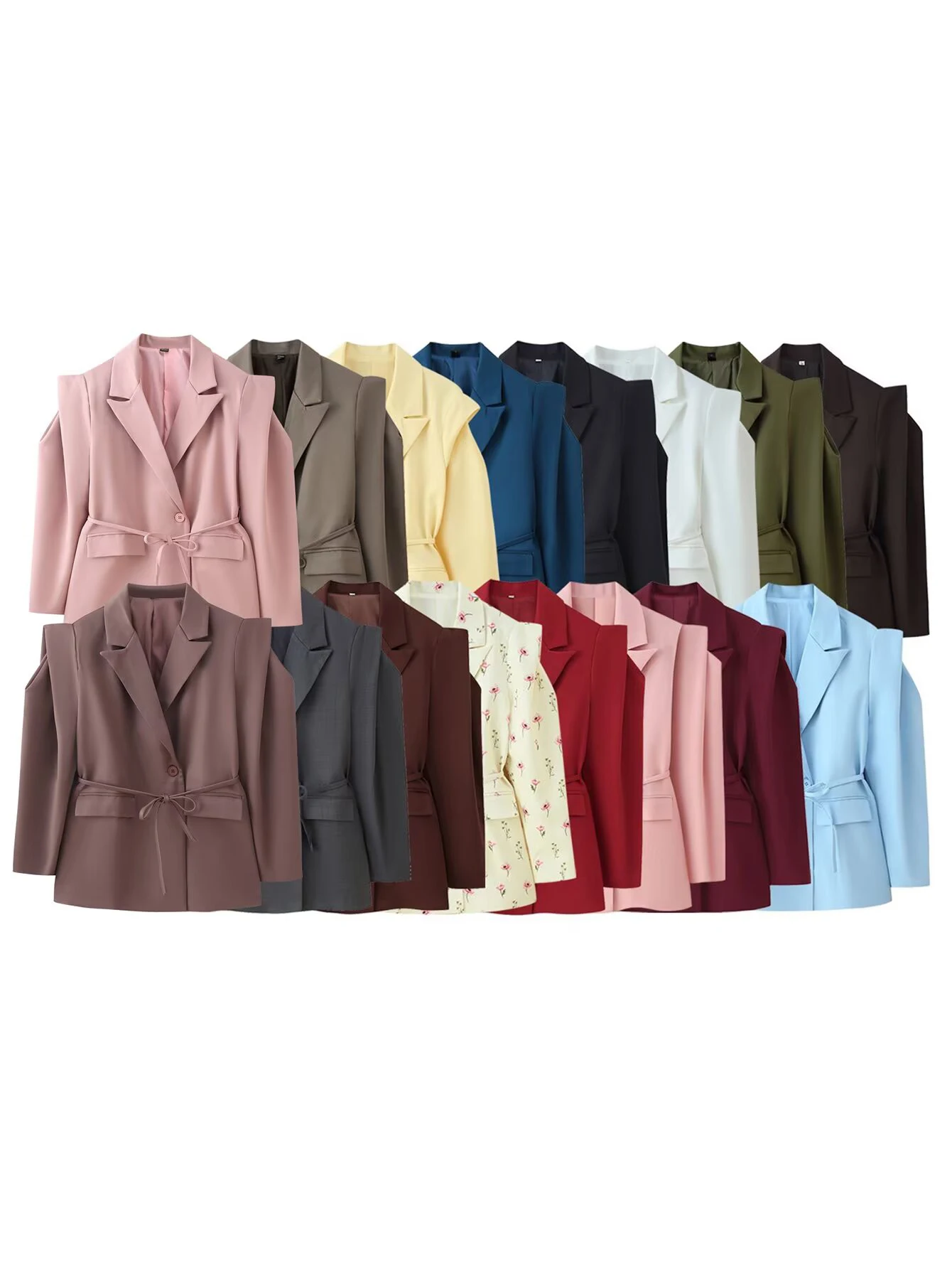 European and American style women's clothing new fashion versatile solid color waist cinching lace up wide shoulder suit jacket
European and American style women's clothing new fashion versatile solid color waist cinching lace up wide shoulder suit jacket