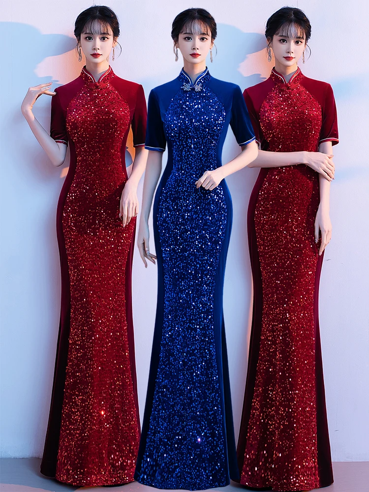 Новое китайское длинное бархатное ципао для сценических выступлений, улучшенное, для хоровых коллективов, с эффектом похудения, из золотистого дышащего бархата, длинное платье
Новое китайское длинное бархатное ципао для сценических выступлений, улучшенное, для хоровых коллективов, с эффектом похудения, из золотистого дышащего бархата, длинное платье