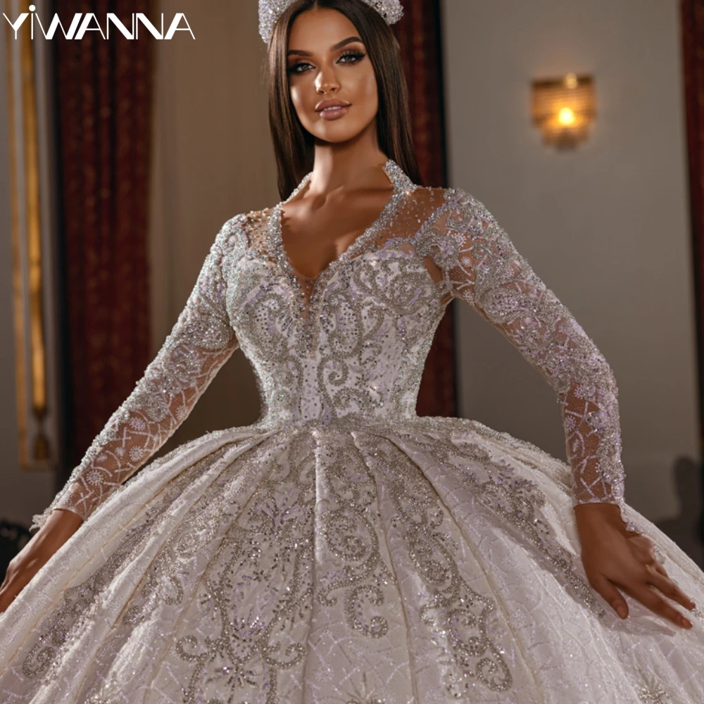 Shiny Dreamy Beads Long Sleeve Wedding Dress With Train Luxury Princess Bridal Gown Customized Charming V-neck Dresses For Bride
Shiny Dreamy Beads Long Sleeve Wedding Dress With Train Luxury Princess Bridal Gown Customized Charming V-neck Dresses For Bride