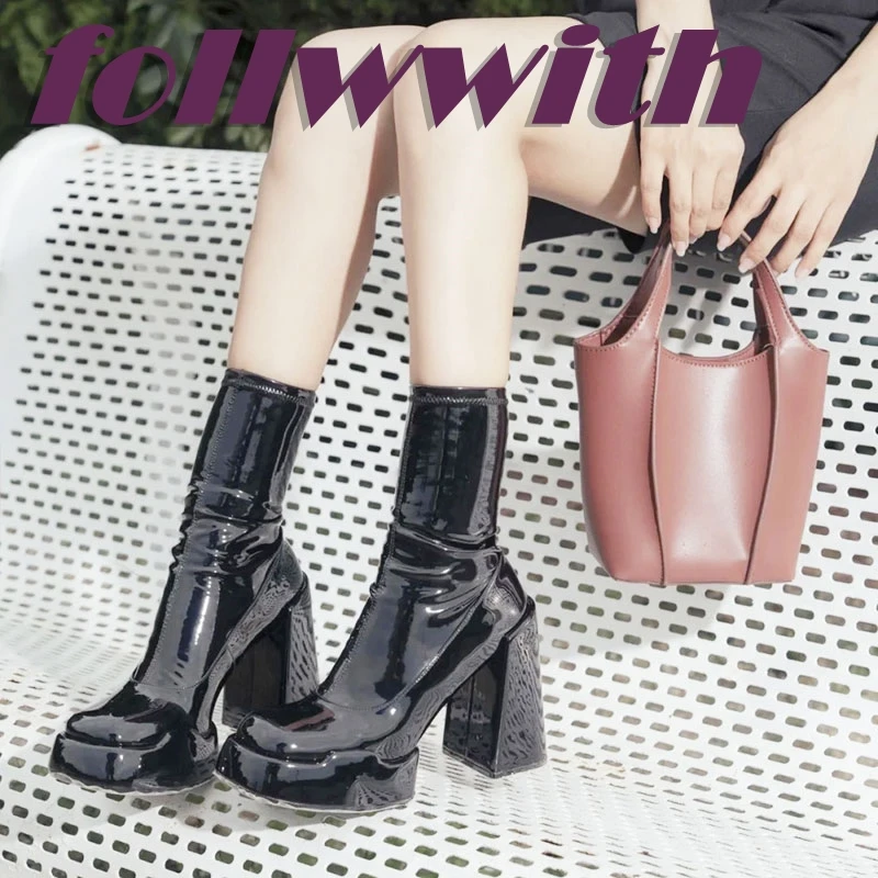 Elastic Patent Leather Platform Chunky Heel Boots Modern Ankle Female Catwalk Runway New Arrival Fashion Ladies Shoes
Elastic Patent Leather Platform Chunky Heel Boots Modern Ankle Female Catwalk Runway New Arrival Fashion Ladies Shoes