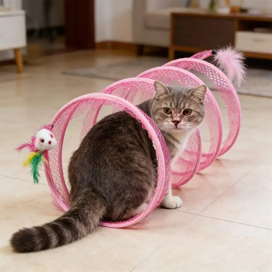 Foldable Cat Tunnel With Plush Mice Bell Feathers Interactive Toy For Indoor Cats
Foldable Cat Tunnel With Plush Mice Bell Feathers Interactive Toy For Indoor Cats