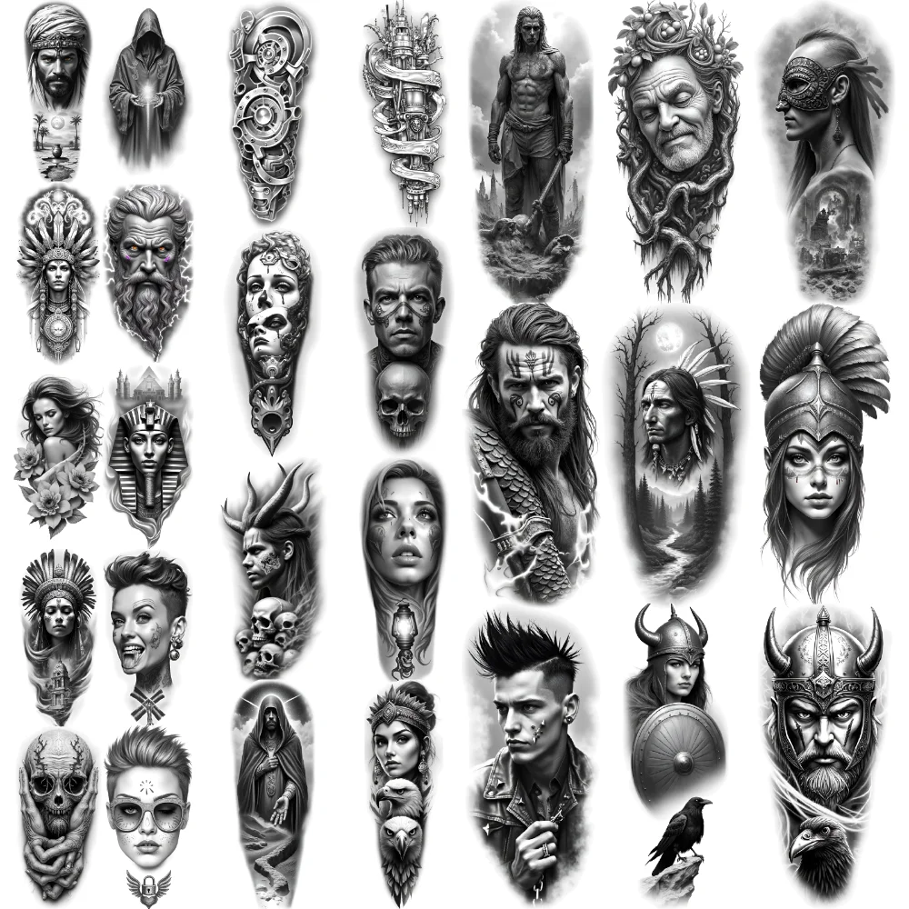 12pcs Temporary Tattoo Black And Grey Realism Indian Headdress Woman With Crown Hooded Figure For Women Arms Men
12pcs Temporary Tattoo Black And Grey Realism Indian Headdress Woman With Crown Hooded Figure For Women Arms Men