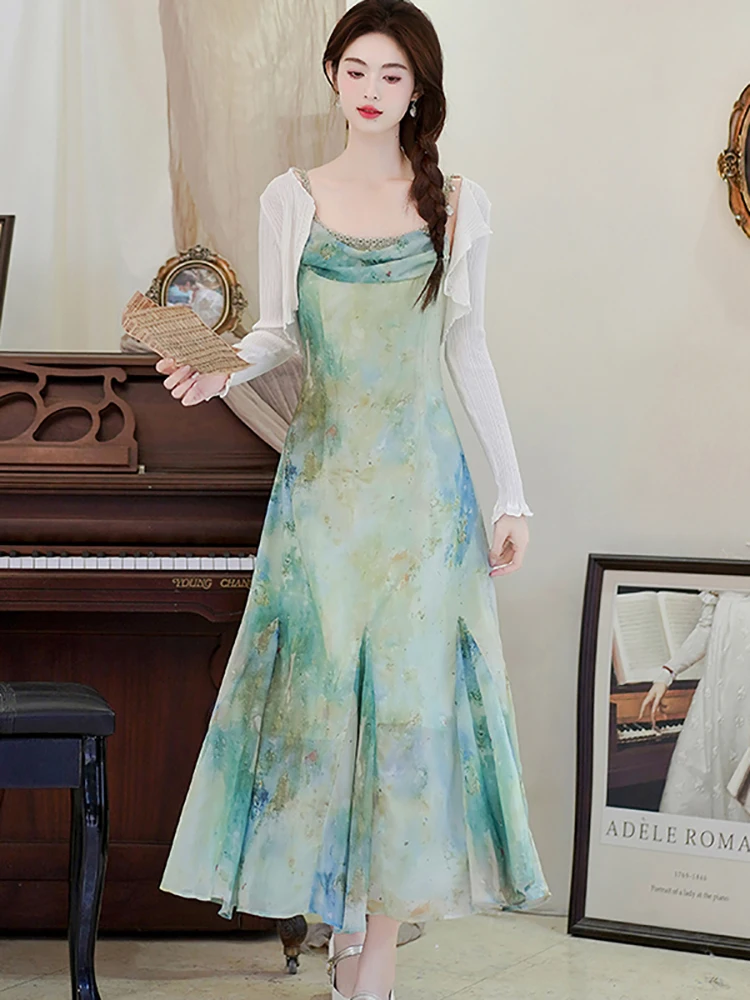 2026 Green Floral Chain Sling Long Dress+top Shirts Two Piece Sets Women Summer Korean Elegant Bodycon Festival Party Dress Suit
2026 Green Floral Chain Sling Long Dress+top Shirts Two Piece Sets Women Summer Korean Elegant Bodycon Festival Party Dress Suit