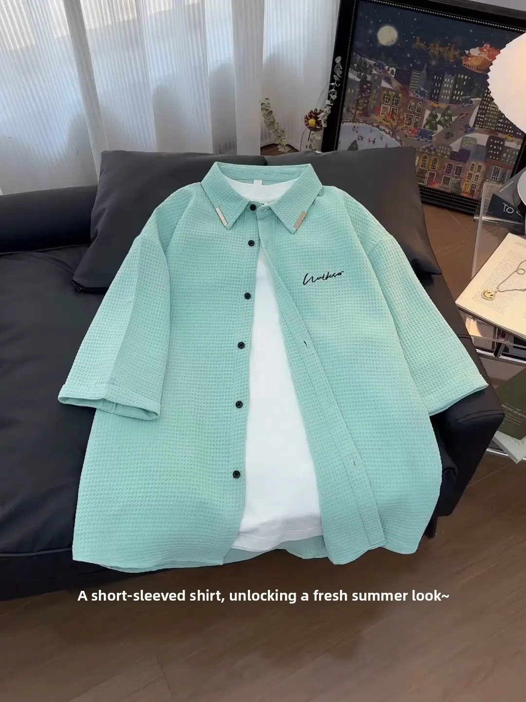 Mint Wave Green Plaid Short Sleeve Men's Shirt Summer Korean Style Waffle Seven-Five Middle Sleeve Shirt Casual Loose Fit
Mint Wave Green Plaid Short Sleeve Men's Shirt Summer Korean Style Waffle Seven-Five Middle Sleeve Shirt Casual Loose Fit