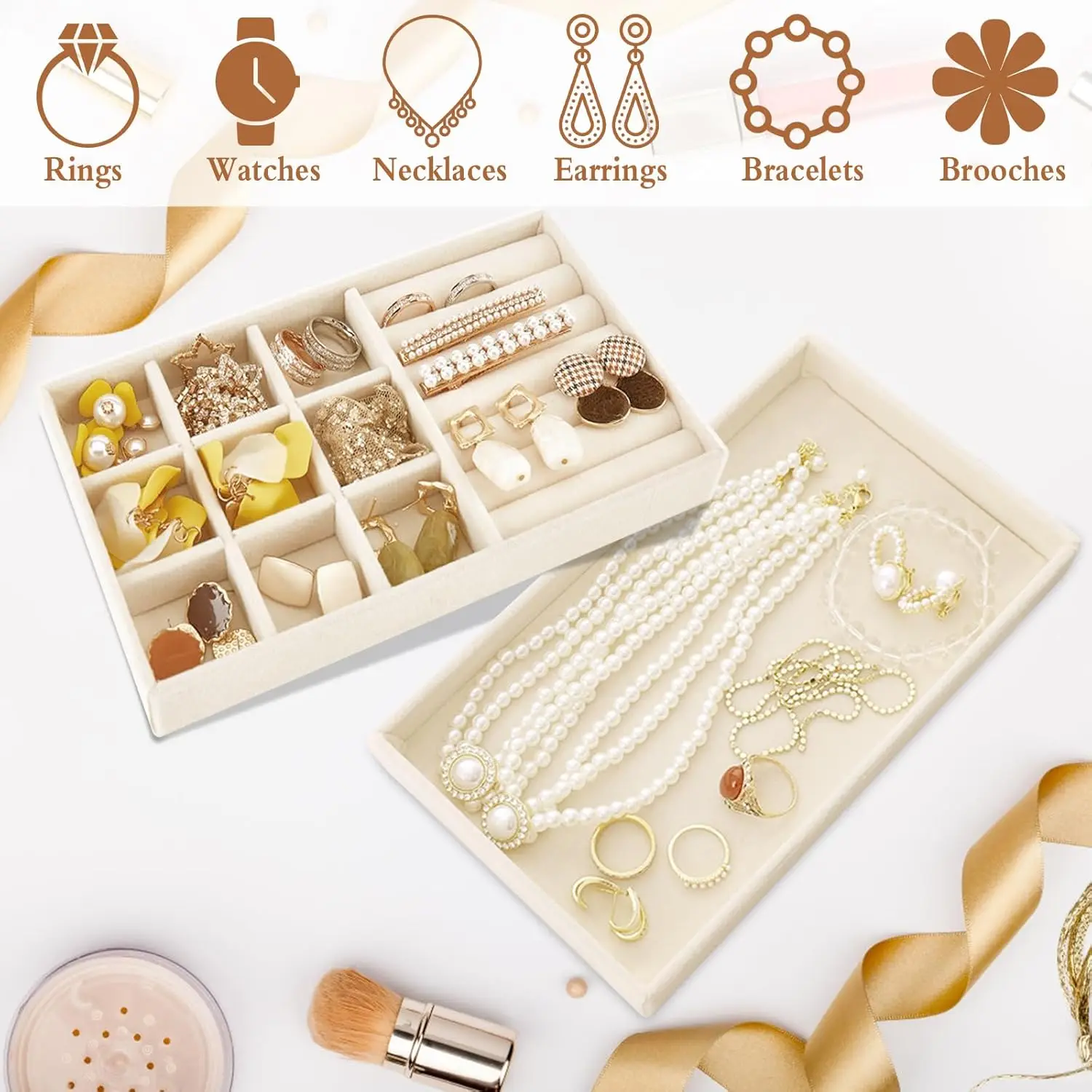 6PCS Jewelry Trays Velvet Drawer Tray Stackable Organizer Storage Drawer for Earrings Rings Bracelets Brooches Necklaces (Beige)
6PCS Jewelry Trays Velvet Drawer Tray Stackable Organizer Storage Drawer for Earrings Rings Bracelets Brooches Necklaces (Beige)