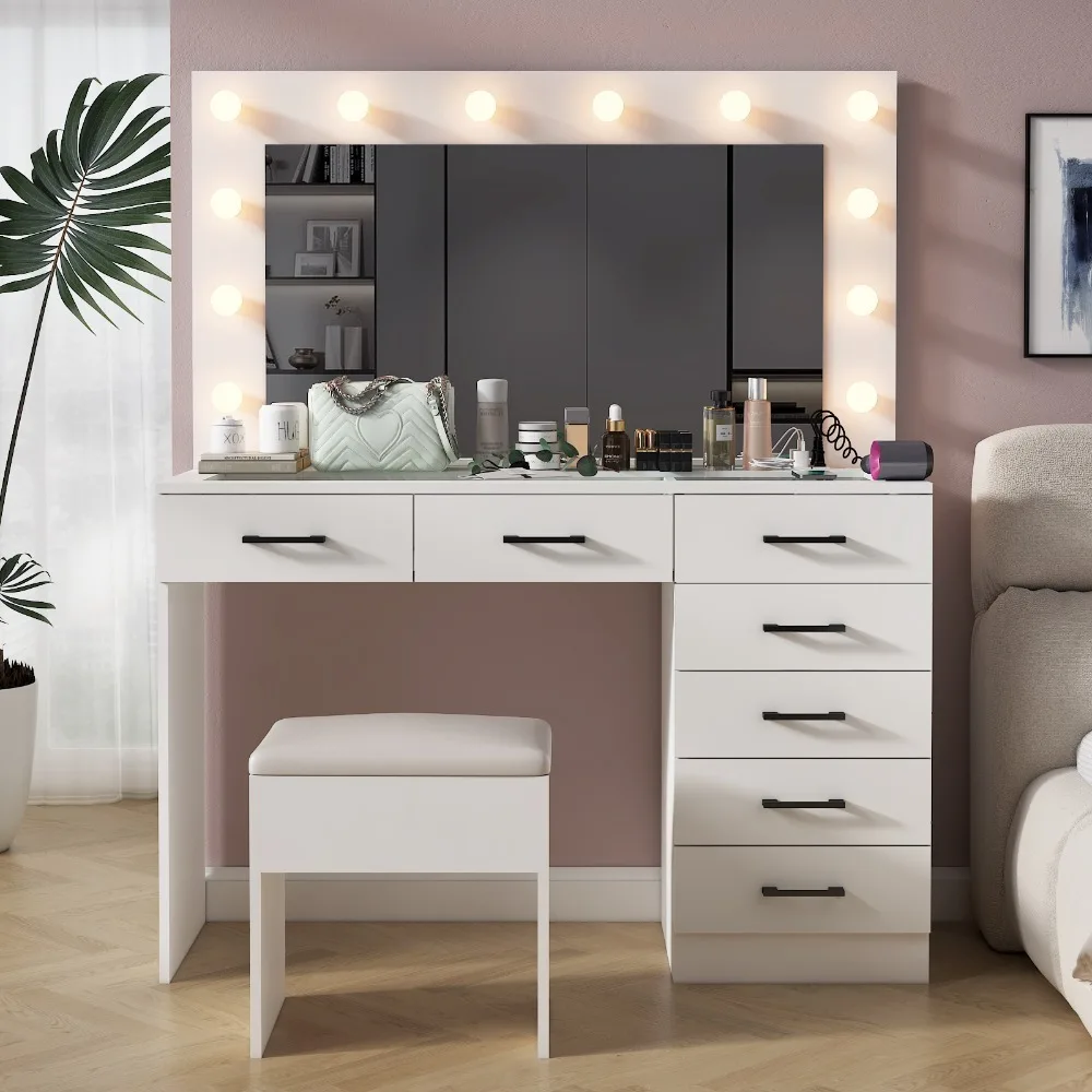 Lighted Mirror and Outlet, Glass Top with 7 Drawers, with 12 LED Lights, 3 Lighting Color Adjustable, White, Makeup Vanities
Lighted Mirror and Outlet, Glass Top with 7 Drawers, with 12 LED Lights, 3 Lighting Color Adjustable, White, Makeup Vanities