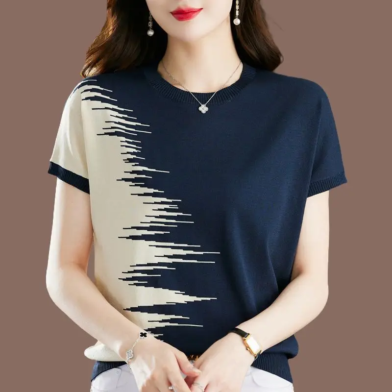 Summer Ice Silk Short Sleeve T-shirt for Women New O Neck Contrast Loose All-match Elegant Tops Fashion Casual Women Clothing
Summer Ice Silk Short Sleeve T-shirt for Women New O Neck Contrast Loose All-match Elegant Tops Fashion Casual Women Clothing